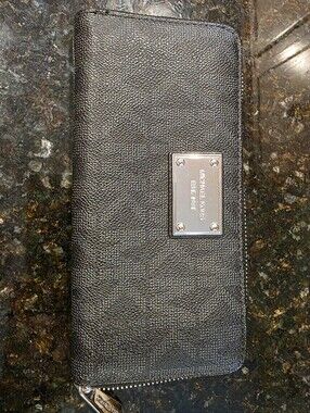 Michael Kors Black Pebbled Leather Zip Wallet with Silver Plate